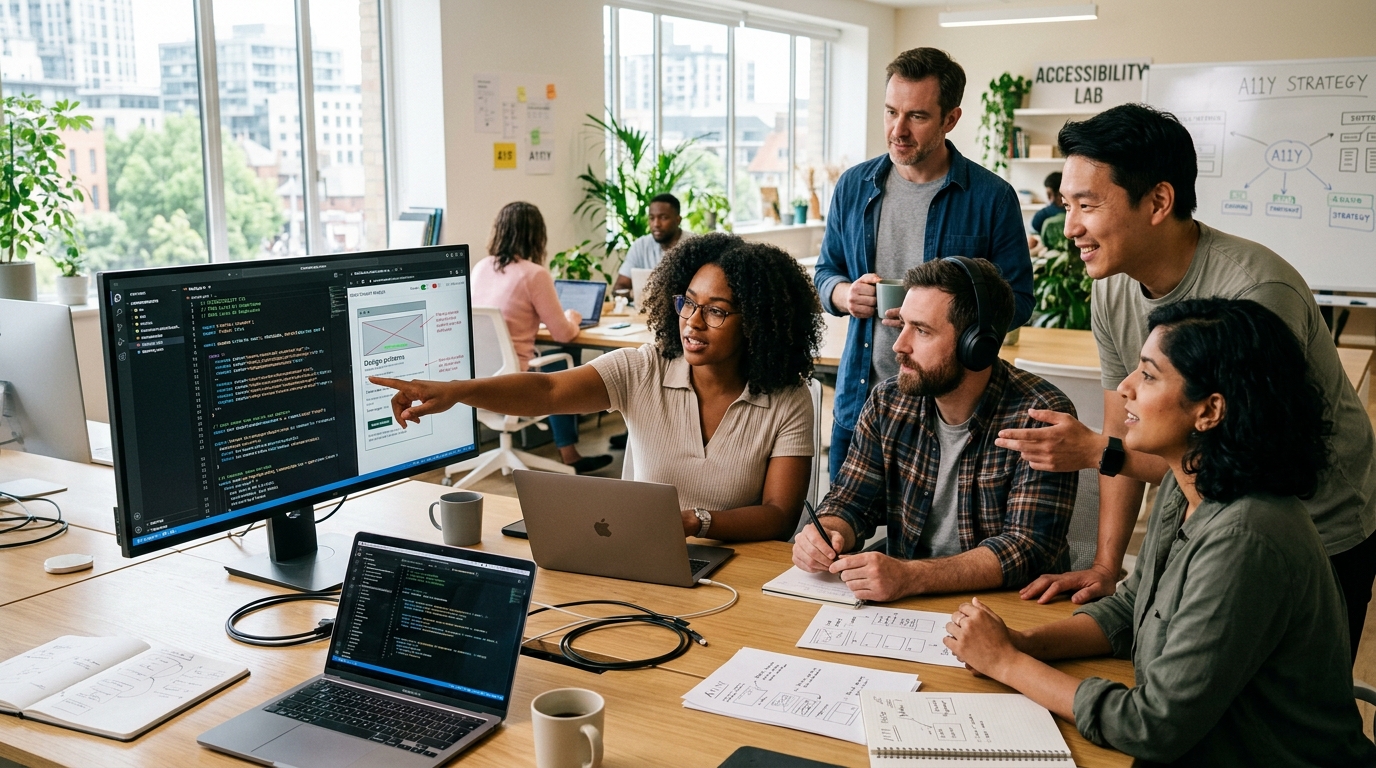 Accessibility experts collaborating in a modern office